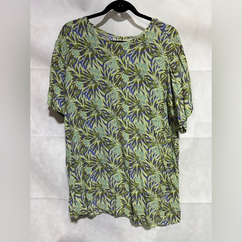 FLAX 100% LINEN BOXY TOP Blouse Sz L Novelty Bug Floral Beach Coastal Colorful